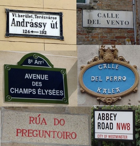 Exemplos de placas de Budapest, Venecia, París, Bilbao, Santiago e Londres