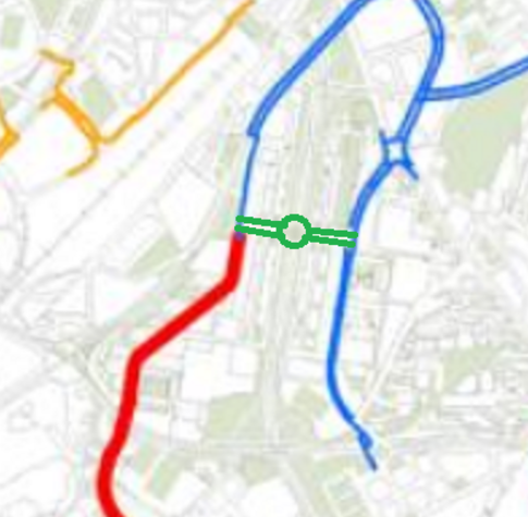 En verde la unión propuesta. En azul y rojo los carriles actuales